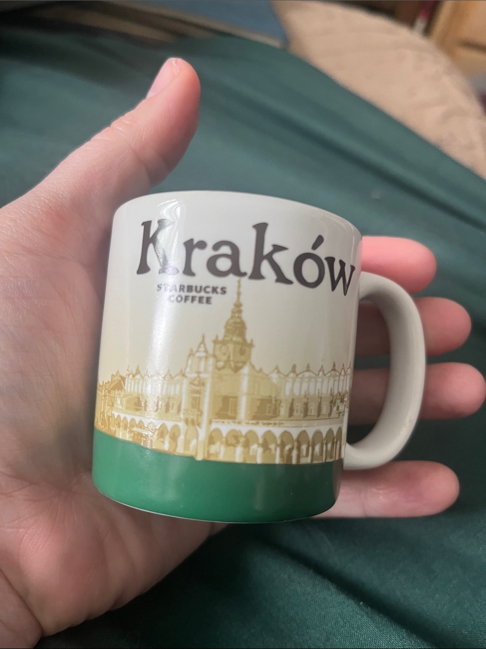 Starbucks 2017 collectable mini Kraków White, Green & Gold City Mug